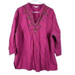 JM Collection Beaded Pink 3/4 Sleeve V-Neck 100% Linen Tunic Sz 20 Coastal